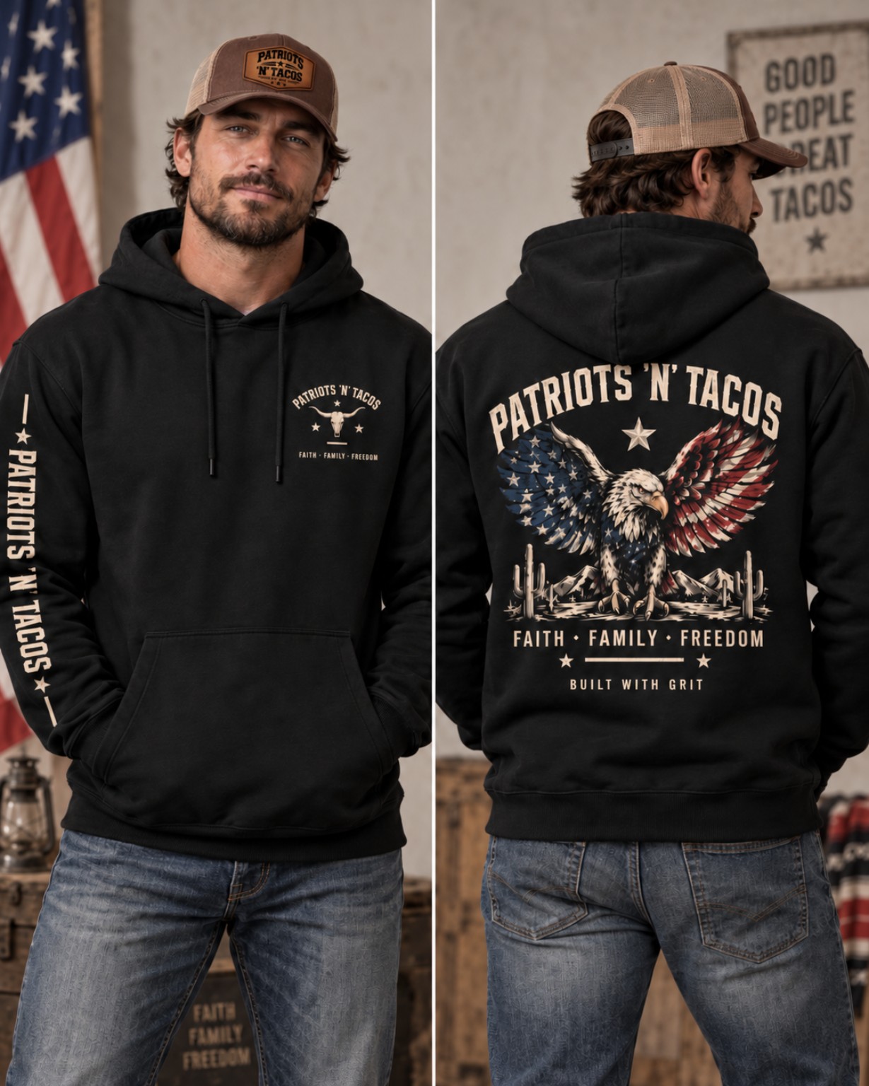 Built With Grit Heavy Blend Hoodie shown from the front and back
