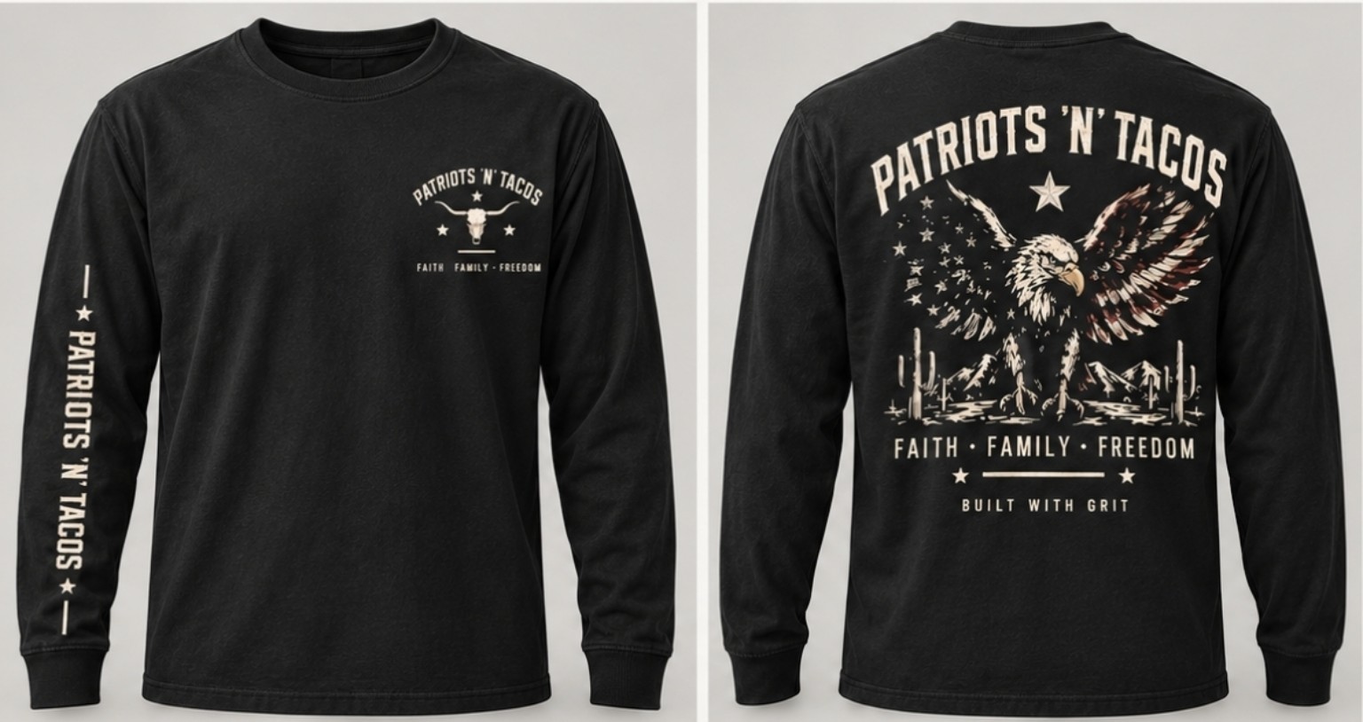 Built With Grit Long-Sleeve Tee shown from the front and back