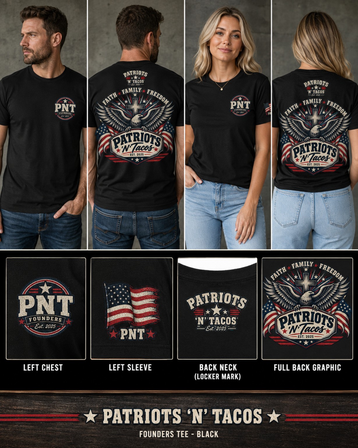 Founders Tee shown on male and female models, front and back