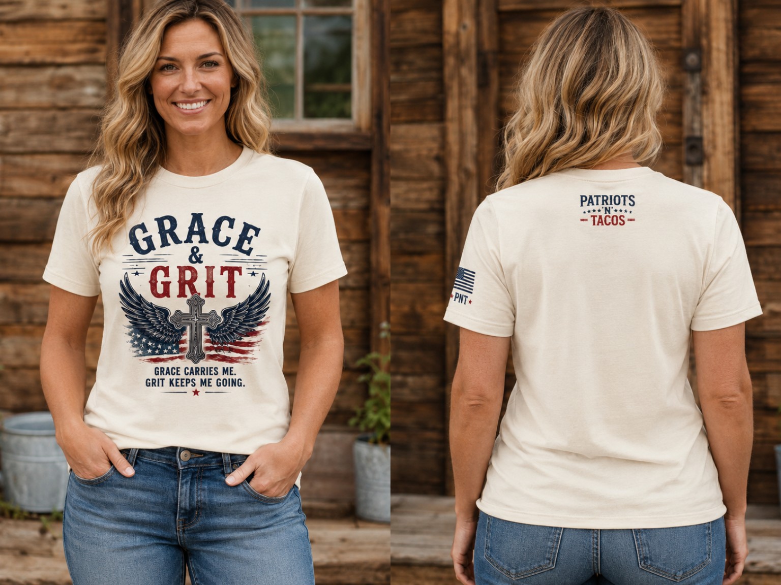 Grace and Grit Tee shown from the front and back