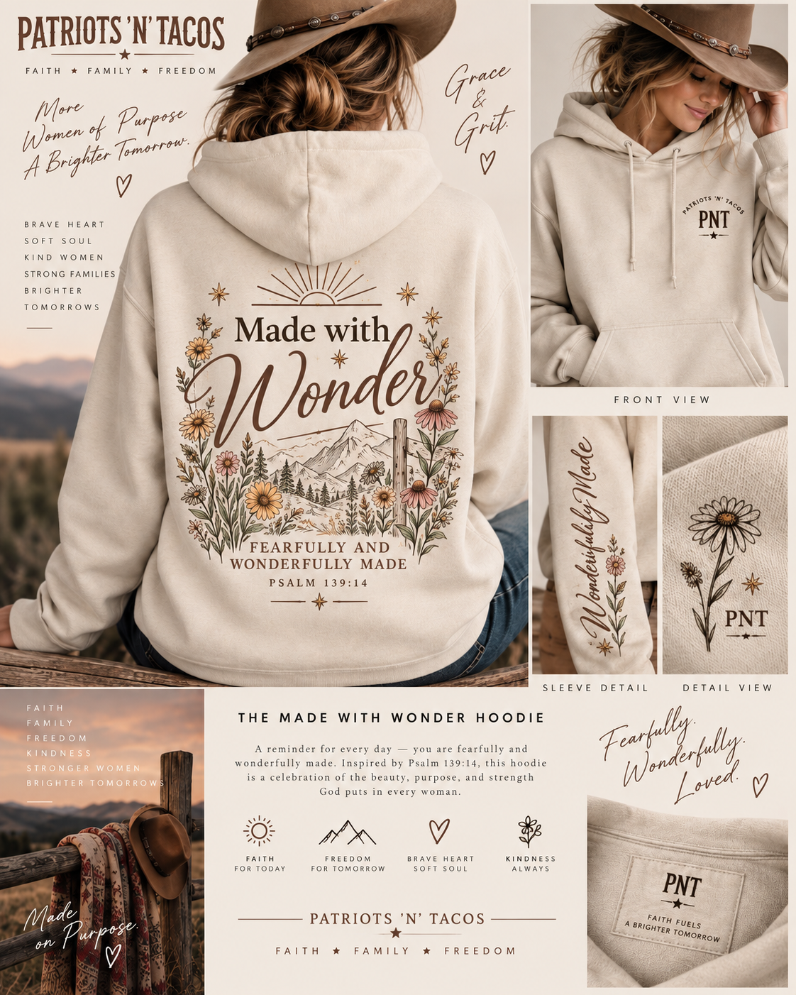 Made With Wonder pullover hoodie shown from the front, back, and sleeve