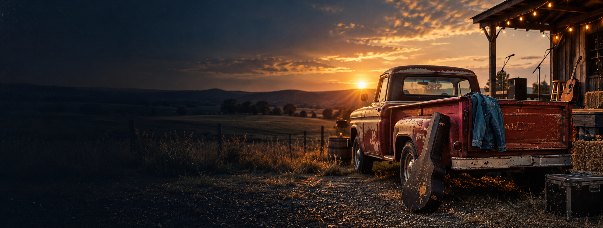 Vintage pickup and guitar beside a country stage at sunset