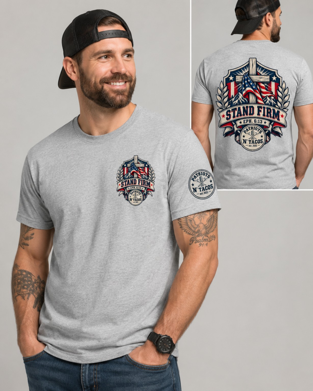 Stand Firm Tee shown from the front and back